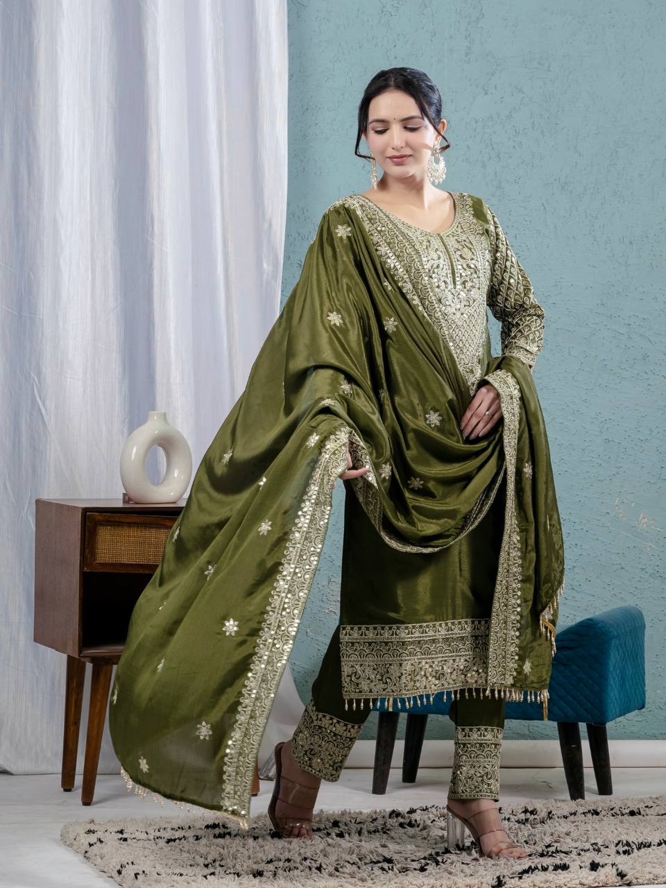 Deep Moss Satin Embellished Set